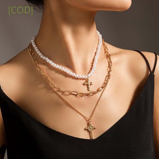 Cadena geométrica de clavícula tendencia Metal mujeres collar perla cruz colgante de tres capas único temperamento niñas estilo cadena