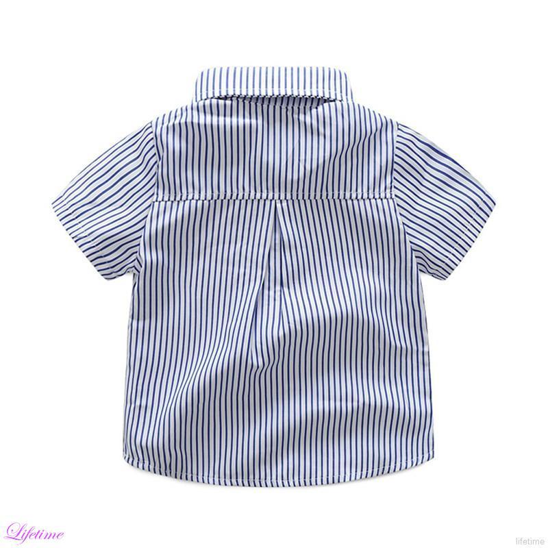 Otoño bebé niño caballeros manga corta conjunto de ropa de algodón rayas camisa+pantalones cortos baju (3)