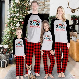 Xzq7-navidad familia coincidencia ropa de dormir conjunto, padre-hijo carta impresión O-cuello de manga larga Tops+pantalones de pijamas a cuadros