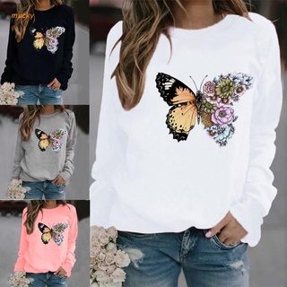 muc Women Autumn Long Sleeve O-Neck Sweatshirt Colorful Butterfly Sunflower Graphic Print Pullover Tunic Tops Casual Loose Shirts Streetwear Plus Size S-3XL