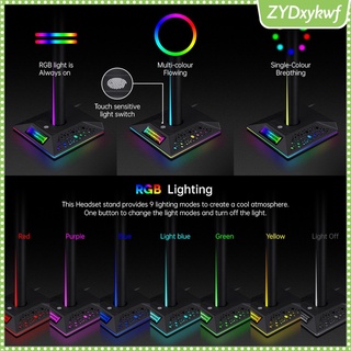 RGB Gaming Headset Stand with 3.5mm AUX and 2 USB Ports Desk Headphone Holder Durable Gaming Earphone Hanger for Desktop