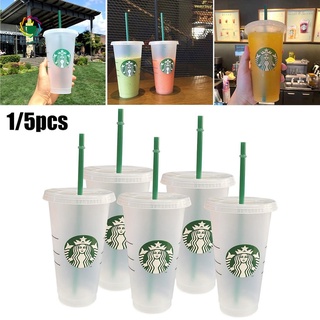 1/5 pzs taza De agua De 700 ml Starbucks tazas De Plástico reutilizables De Plástico popote vaso con tapa Transparente regalo De popote Verde (1)