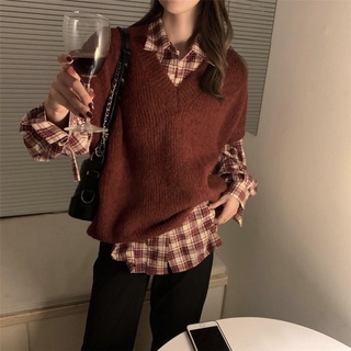 Traje de dos piezas/Chica de temperamento Simple de una sola pieza2021Primavera y otoño estilo coreano suéter suelto chaleco camisa a cuadros (9)