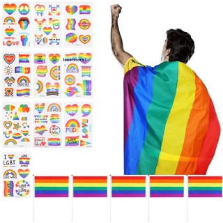 Leesisters1 Pcs Gay Lesbian Pride Rainbow Set LGBT Rainbow Flag with Rainbow Hand Held Flag MX