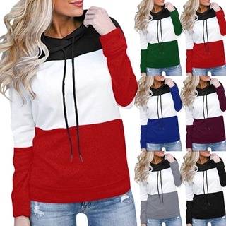 【New】2020Autumn Cross-Border New Women's Pullover Long-Sleeved Hoodie Color Block Long Version Top Casual Sweatshirt Coat (1)