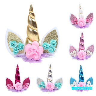 Warmbeen unicornio decoración de tarta de cumpleaños decoración de cuerno lindo orejas flor fiesta adorno Prop
