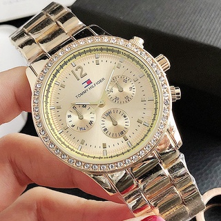 [Promoción] Reloj Tommy Hilfiger Para Mujer De Cuarzo De Tres Ojos Con Incrustaciones De Diamantes De Imitación Bisel Impermeable