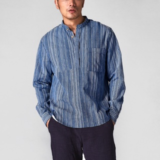 hombres algodón lino rayas manga larga suelta casual camiseta