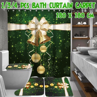 Navidad campanas baño antideslizante alfombra+tapa de inodoro cubierta+alfombra de baño+cortina de ducha