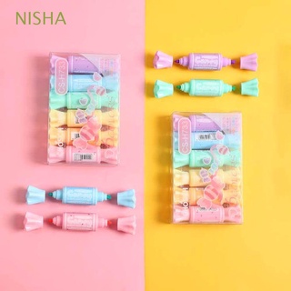 nisha 6pcs 6 unids/set resaltador kawaii herramienta de escritura rotulador dibujo lindo color caramelo regalos de niños papelería doble cabeza fluorecente pluma
