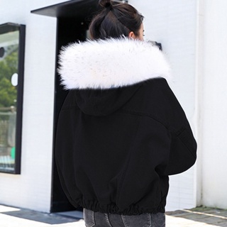 Mujeres cálido Denim corto abrigo cuello chamarra delgada invierno con capucha Outwear abrigos (7)