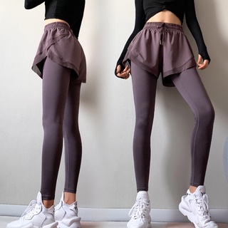 (COD) Falso de dos piezas de las mujeres pantalones de yoga fitness pantalones de chándal estiramiento delgado pantalones de trotar correr medias de gimnasio pantalones de chándal