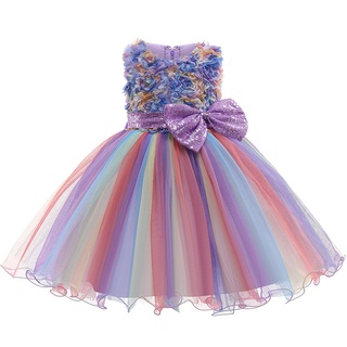 1-10 años de edad flores niñas vestido de verano arco iris malla arco bebé princesa vestidos para navidad cumpleaños fiesta vestido de niños ropa (4)