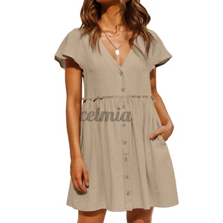 CELMIA Women Summer Cotton Linen Short Sleeve V Neck Casual Loose Dress
