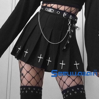 See-mujer cintura alta gótico Punk Mini faldas, señoras cruz patrón Mini falda plisada (1)