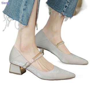 Las mujeres zapatos de tacón grueso Mary Jane zapatos mujer 2021 otoño nuevo estilo retro suave viento tacones altos puntiagudo único zapatos de las mujeres