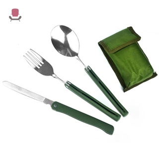 Nu support - juego de 3 cubiertos plegables de acero inoxidable, color verde del ejército, con bolsa de cocina, supervivencia, Picnic