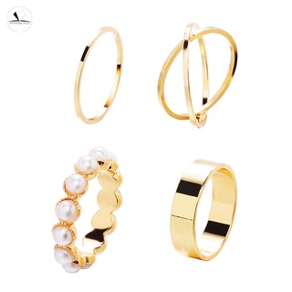LALA❤ 4 piezas/juego de anillos Retro con incrustaciones de perlas de cruz dorada para damas y niñas regalos de joyería Casual