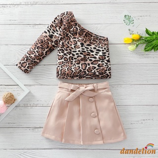 Diente de león-bebé conjunto de ropa de niña, estampado de leopardo de un hombro de manga larga Tops+ sólido (1)