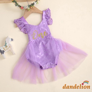 DANDELION-Baby Girls Letter Pattern Printed Lace Fly Sleeve V-neck Romper (6)