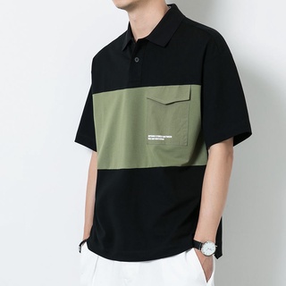 HL Polo de los hombres de contraste de color solapa de manga corta t-shirt juventud casual personalidad bolsillo bottominpolo [t]