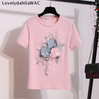 [lovelydahliawac] mujeres camisetas bordadas lentejuelas tridimensionales flor manga corta tops recomendados