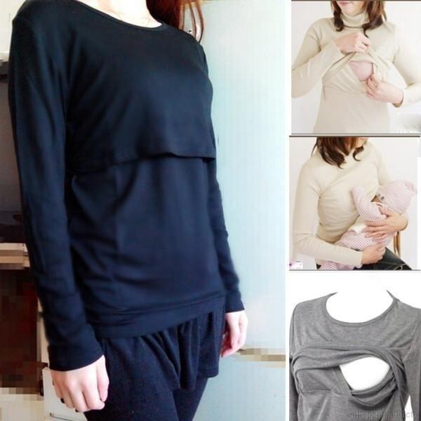 Las mujeres de la moda de maternidad de enfermería vestido de manga larga O-cuello camiseta embarazada Tops