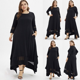 Fashion Women Plus Size Solid O-Neck Three Quarter Sleeve Muslim Long Dress