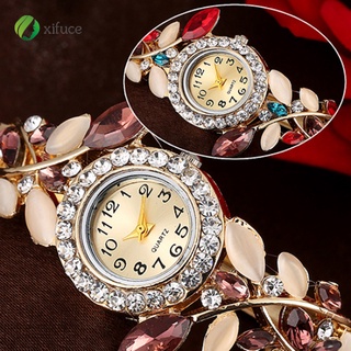 【Ready stock】 Women\'s Leaves Round Dial Rhinestone Inlaid Bracelet Quartz Dress Wrist Watch