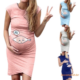 Vestido de mujer la-embarazada, de dibujos animados impreso patrón de manga corta cuello redondo de una sola pieza, rosa/ azul/gris/ azul oscuro