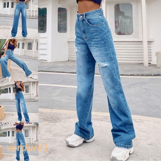 VERD Women High Waist Baggy Jeans Vintage Washed Distressed Ripped Hole Denim Pants Harajuku Wide Leg Casual Loose Trousers