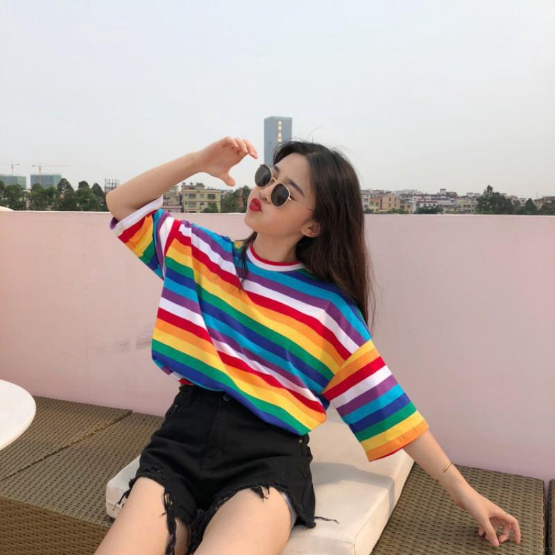 INS Hot Sale【Ready Stock】Rainbow Color Women Causal Loose TShirt Tops (7)