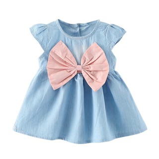 Baby Girls Clothing Dress Bow-knot Short Sleeve Denim Mini Dress 0-2Yrs (5)