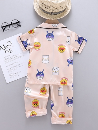 Conjunto de pijama para niños trasero, lindo estampado de dibujos animados camiseta de manga corta y pantalones (9)