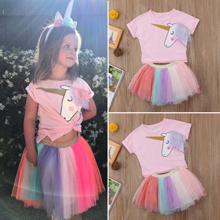 2 unids/set lindo bebé princesa lindo vestido unicornio camiseta +arco iris malla tutú ropa de playa