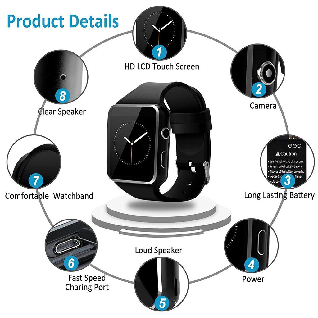 X6 pantalla curva Bluetooth Smart Watch/deportes Fitness Smartwatch con ranura de tarjeta Sim cámara Compatible Samsung Huawei Xiaomi Android iphone iOS sistema/regalos perfectos para mujeres hombres niños estudiantes (2)