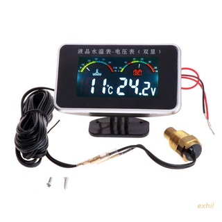 exhil 12V/24V Car LCD Water Temperature Meter Thermometer Voltmeter Gauge 2in1 Temp & Voltage Meter 17mm Sensor