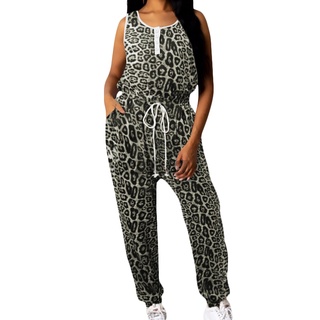 sofashion mujeres leopardo impresión sin mangas cordón elástico cintura bolsillos casual suelto largo mono