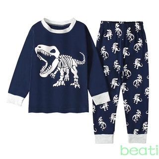 ❉Qf✿Niños Casual de dos piezas pijamas conjunto, dinosaurio impreso patrón redondo cuello jersey y pantalones, azul marino/verde/gris