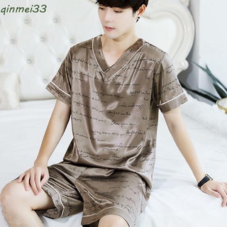 Qinmei 2 unids/SET masculino ropa de dormir cómoda ropa de dormir conjuntos de pijama cuello V moda hielo seda verano manga corta Casual de dibujos animados