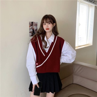 Traje de dos piezas/Una sola pieza versátil estilo coreano suelto contraste Color tejido chaleco suéter chaleco+Camisa blanca de manga larga a la moda