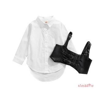 KidsW-Women Shirt Vest Set, Long Puff Sleeve High Collar Tops Leather Strap