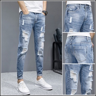 Pantalones vaqueros cortados rasgados de verano de estilo coreano para hombres pantalones ajustados de ajuste Delgado ro (1)