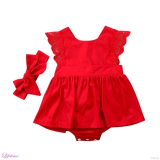Bodysuit Dress Sleeveless Baby Girls Cotton Lace Jumpsuit Bow Hair Band Red (8)