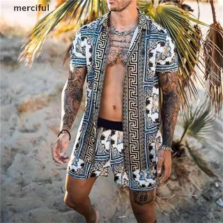mercy hawaiian print camisa de manga corta conjunto de hombres pantalones cortos de playa camisa de playa 2 piezas mx