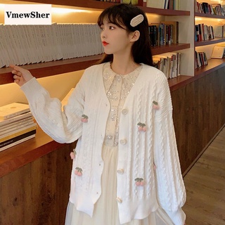 VmewSher New Sweet Women Sweaters Cherry V-Neck Single Breasted Loose Females Cardigan Leisure Chic Trendy Outwear Knitted Tops (1)