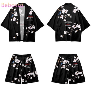 Flores impresión Cardigan Harajuku Cosplay Kimono pantalones cortos conjuntos Yukata asiático ropa camisa mujeres hombres Haori traje de dos piezas