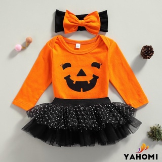Yaho bebé niñas Halloween trajes de manga larga calabaza cara mameluco + falda tutú + diadema conjunto