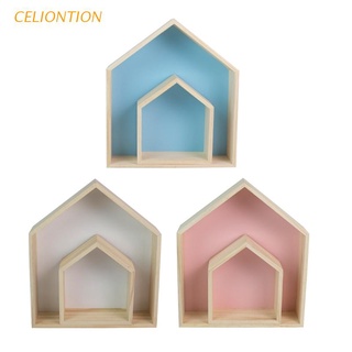 CELION 2 Pcs Lovely Wooden House-Shaped Storage Rack Kids Room Decoration Floating Wall (1)