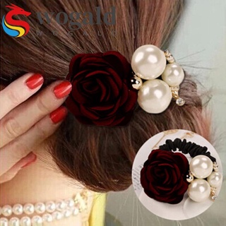 wogald nueva rosa flor moda ponytail titular hairband mujeres regalo satén cinta perlas/multicolor